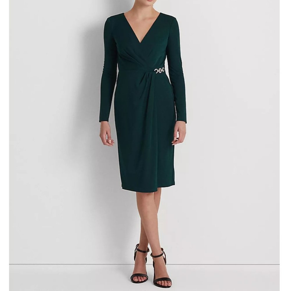 LAUREN RALPH LAUREN Jersey Surplice Cocktail Dress - Green - NWT - Size 4